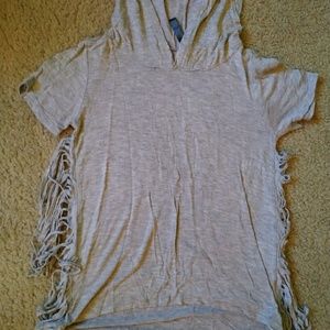 Grey Hooded, Freyed short sleeve shirt